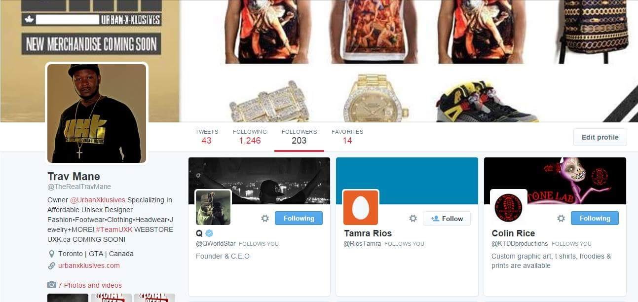 Trav's Twitter profile showing @QWorldStar follows him